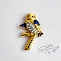 Vintage Cabouchon Owl Lapel Pin: Gold Plate & Austrian Crystal, Lucky No 7