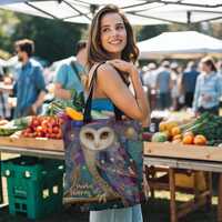 Personalized Abstract Owl Shopping Tote Bag, Barn Owl Lover Reusable Bag, Bird Tote Bag, Custom Birt