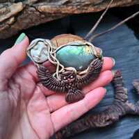 Goddess Pendant with Labradorite & Owl Charm - Mystical Jewelry