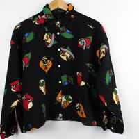 Owl Characters Cropped Vintage Button Up, Reworked Long Sleeve Blouse, Women&rsquo;s Retro Shirt