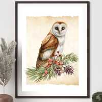 Elegant Owl & Pine Branch Poster Print | Cottagecore Wall Art | Natural Tones