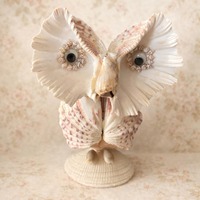 Vintage Seashell Owl Folk Art Figurine | Handmade Coastal Folk Art | Cottagecore Decor | Whimsical V