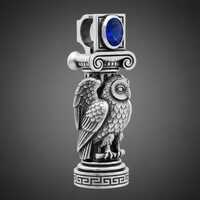 Sterling Silver Athena Owl Pendant, Sapphire Blue Stone Greek Column Necklace, Ionic Greek Key Amule