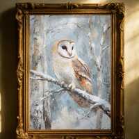 Barn Owl Winter Wall Art Printable, Oil Painting Wildlife Digital Download, Rustic Nature Decor, Sno