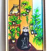 Black Cat and Owl Acrylic Painting, Framed Floral Boho Wall Art, 8x12"