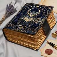 Owl Moon Leather Journal &ndash; Handmade Vintage Notebook with Lunar Phases, Celestial Owl Grimoire