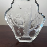 Vintage Etched Glass Owl in Tree Sculpture Paperweight