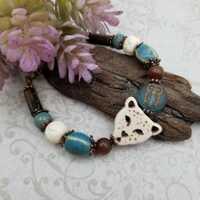 White Cheetah Stone & Czech Glass Owl Beaded Bracelet, Tiger's Eye