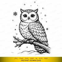 Owl SVG, Perched Owl on Branch Design, Wildlife Art, Winter Nature Decor Printable, Vector File fo C