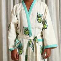 Kids Waffle Cotton Wrap &ndash; Owl Print Kids Spa Robe with Belt & Pockets, Soft Beach Pool Cov