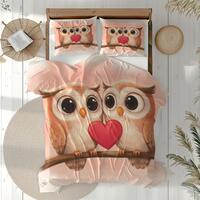 Cute Owl Couple Duvet Cover &ndash; Romantic Cartoon Bedding Set with Heart Design