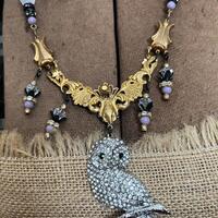 Vintage Rhinestone Owl Bib Necklace: Vintage Swarovski Crystals, Ornate Spacers, Matte Black