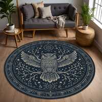 Celestial Owl Round Rug, Witchy Moon & Stars Circle Carpet, Dark Academia Gothic Astrology Floor