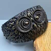 Vintage Black Owl Hinged Bangle Bracelet, Carved Feather Textured Statement Cuff, Whimsical Gothic B