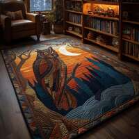 Mystic Owl Night Area Rug, Moonlit Forest Owl Floor Mat, Woodland Animal Printed Rug, Rustic Nature