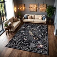 Dark Gothic Owl Area Rug, Dark Academia Botanical Carpet, Victorian Nocturnal Bird Floral Floor Rug,