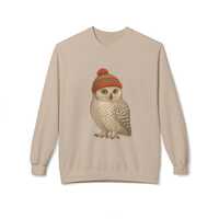 Winter Snowy Owl with Knit Colorful Beanie Sweatshirt | Cozy Woodland Bird