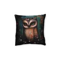 Whimsical Owl Illustration Square Pillow | Forest Night Decorative Cushion