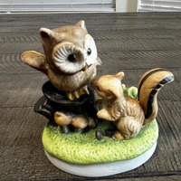 Vintage Woodland Owl & Chipmunk Bisque Figurine