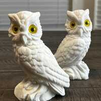 Vintage-Style White Owl Figurine Set - Pair of Snowy Owls with Yellow Eyes