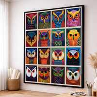 Colorful Owl Faces Canvas Art, Modern Wildlife Portraits, Set of 16