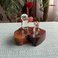 Vintage Glass Pair Of Owls with Gold Details on Wooden Branch Stand