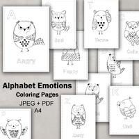 Alphabet Emotions Coloring Pages for Kids, Owl Feelings, Emotional Learning Worksheet, PDF & JPG