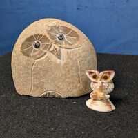 Hand Carved Stone Owl & Seashell Owl Figurines, Folk Art Sculptures