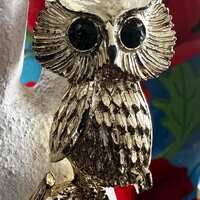 Vintage Cerris Owl Brooch Gold Tone Green Rhinestone Eyes Mid Century Signed Cerris