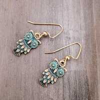 Patina Green Brass Owl Earrings, Vintage Style Dangle
