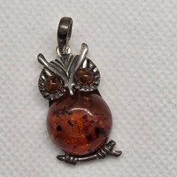 Vintage Sterling Silver Baltic Amber Owl Pendant