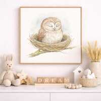 Watercolor Sleeping Baby Owl Print, Neutral Woodland Nursery Art (Digital Download)