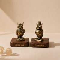 Solid Brass Owl Figurine with Hat, Hand Cast Mini Owl Statue with Antique Gold Finish, Vintage Metal