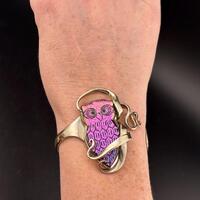 Glass owl Sterling silver upcycled vintage fork cuff bracelet, Lea Harmon signed