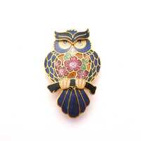 Vintage Cloisonne Enamel Wise Owl Bird Design Brooch By Fish And Crown, 80s 90s Jewellery
