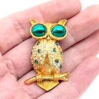 DeNicola Gold Plated Green Rhinestone Owl Brooch