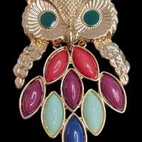 Vintage Gold-Tone Multi-Colored Cabochon Stone Owl Pendant Necklace