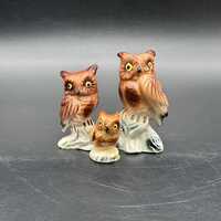 Vintage Horned Owl Figurines Family Set Of 3 Bone China Retro Cabin Lodge Mini