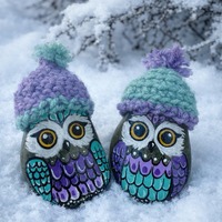Snow Owls wearing hand crocheted hats