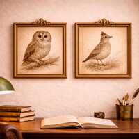 Vintage Bird Print Set | Sepia Owl & Lark Illustration (Digital Download