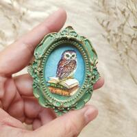 Miniature Owl Art in Vintage Frame Dark Academia Cottagecore Wall Decor Handmade Gift