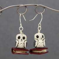 Owl and Book Dangle Earrings in White & Red Polymer Clay