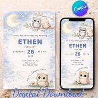 Owl Theme First Birthday Invitation | 5x7 Printable & Mobile Invite | Canva Editable Owl Birthda
