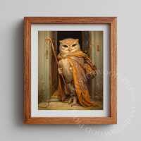 Printable Rustic Fantasy Owl Wizard Art - Storybook Forest Owl Illustration, Vintage Adventure Decor