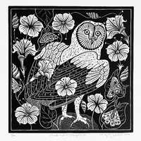 Owl and Moonflower in black, Stylized Owl Linocut Print ,Black and White Moonflower Night Art, Hand 