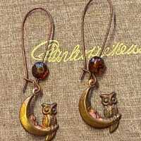 Owl on a Crescent Moon Charm Earrings (35-DZ)