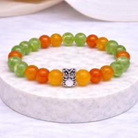 Peridot Chalcedony Stone Beaded Owl Charm Bracelet: 8mm Beads Green and Orange Crystal Jewelry for H