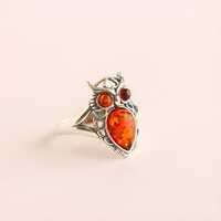 Baltic Amber Owl Ring in Sterling Silver