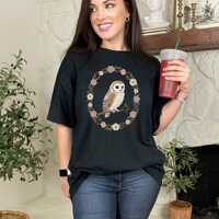 Floral Owl Lover T Shirt, Vintage Botanical Woodland Bird Art Gift, Cottagecore Nature Graphic Tee
