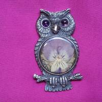 Unusual vintage sterling silver amethyst owl brooch, bold design, powerful protective auspicious pre